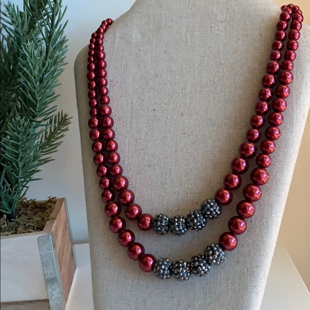Metallic Burgundy & Charcoal Beaded Necklace